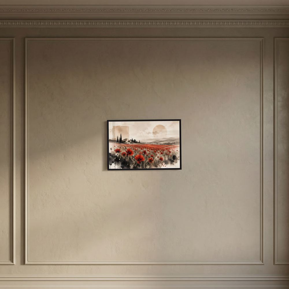 Gerahmtes Querformat-Poster mit Mohnblumenfeld in Rot und Beige, schwarzer Rahmen