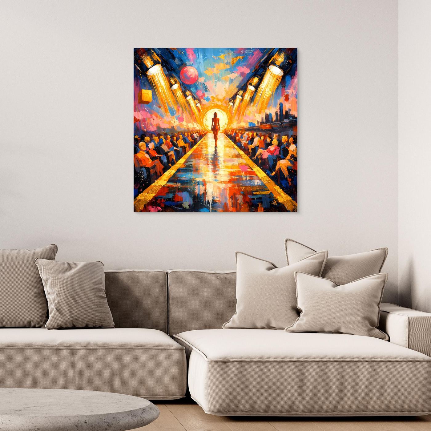 Abstraktes Pop-Art-Wandbild mit Laufsteg in Gold, bunte Farben und Menschenmenge