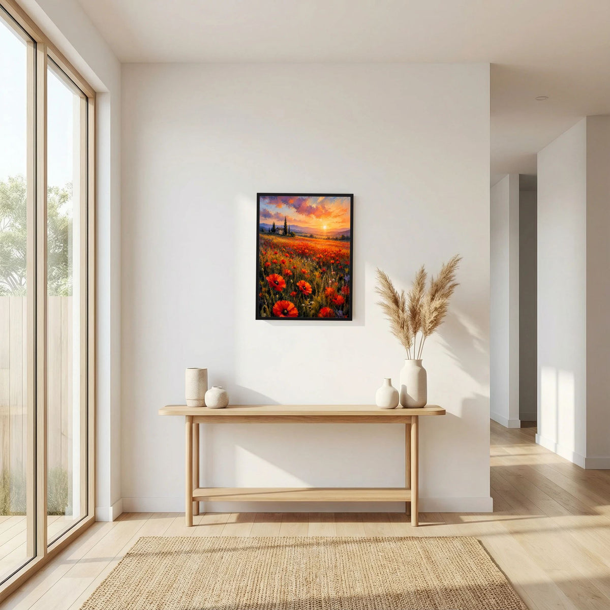 Hochformatiges Poster mit Mohnblumenfeld und Sonnenuntergang, Rot-Orange, schwarzer Rahmen