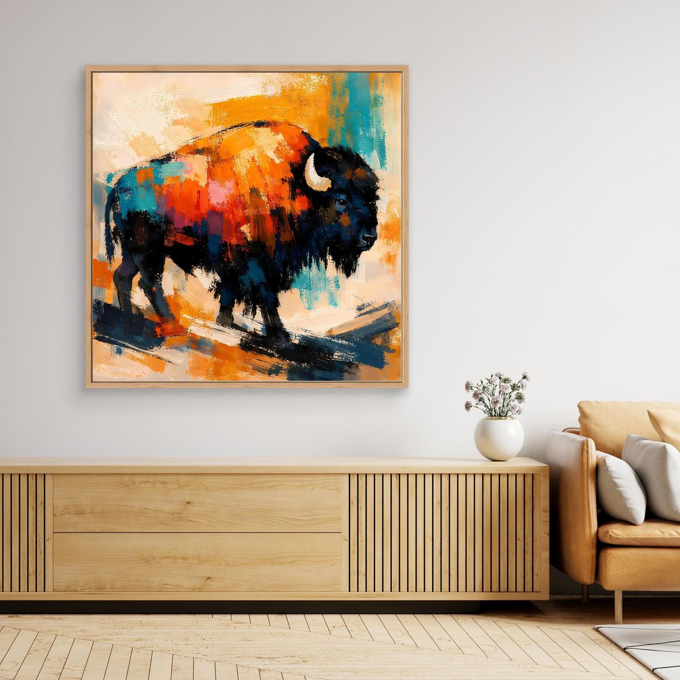 Abstract bison wall art with orange, teal, and black brushwork and light wood frame