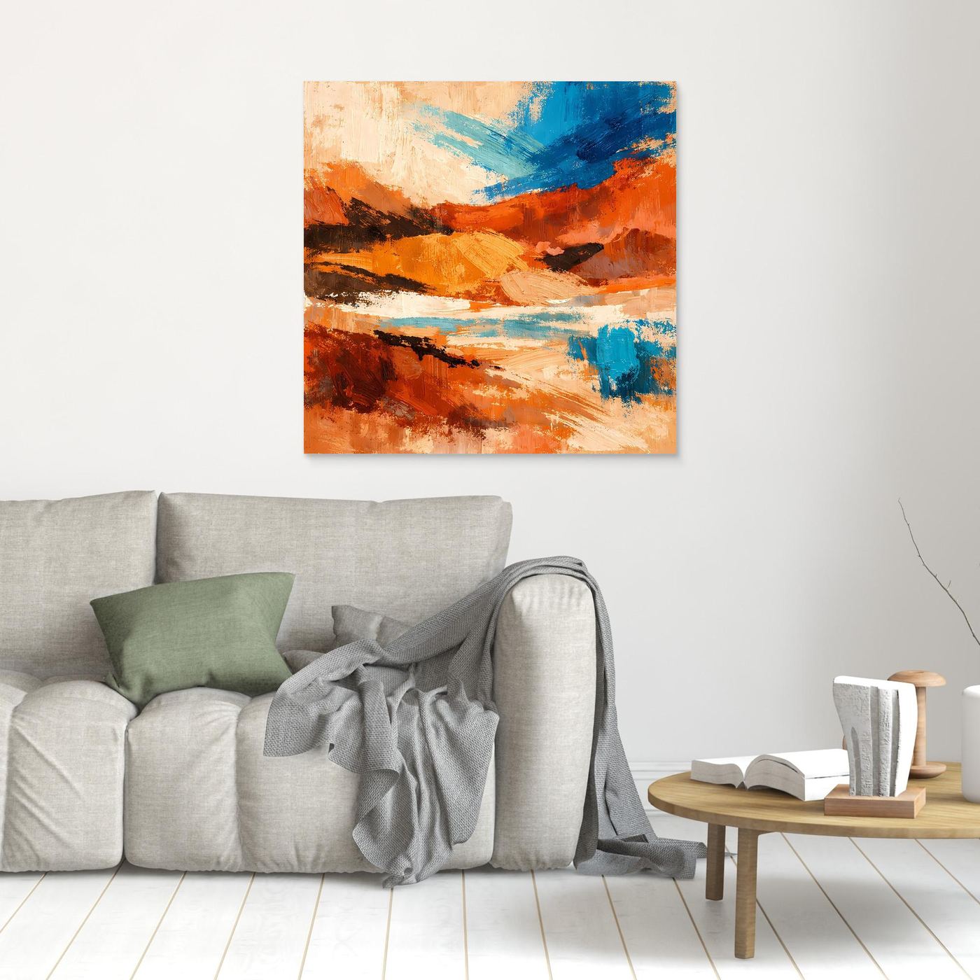 Gerahmtes abstraktes Leinwand-Wandbild, orange-blaue Canyonlandschaft