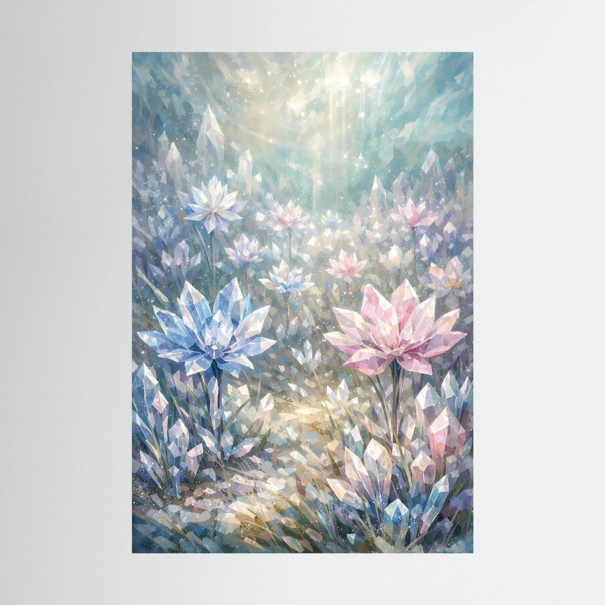 Hochformatiges Poster mit pastellfarbenen Kristallblumen in Blau, Rosa und Perlmutt