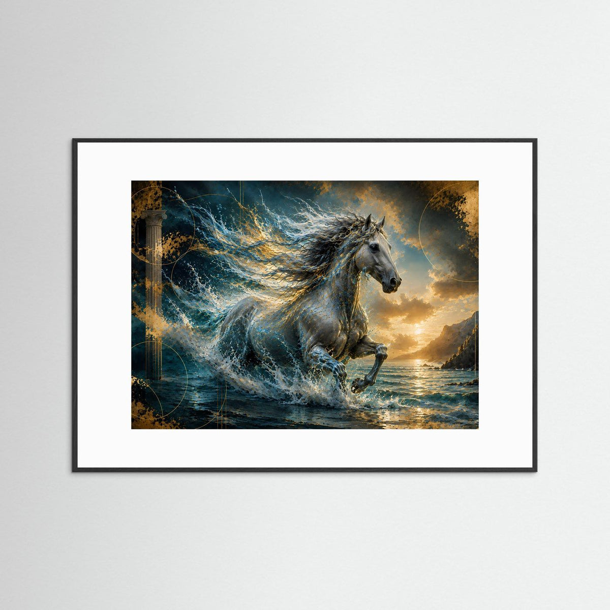 Querformat-Poster mit galoppierendem Pferd im Meer im schwarzen Rahmen mit Passepartout