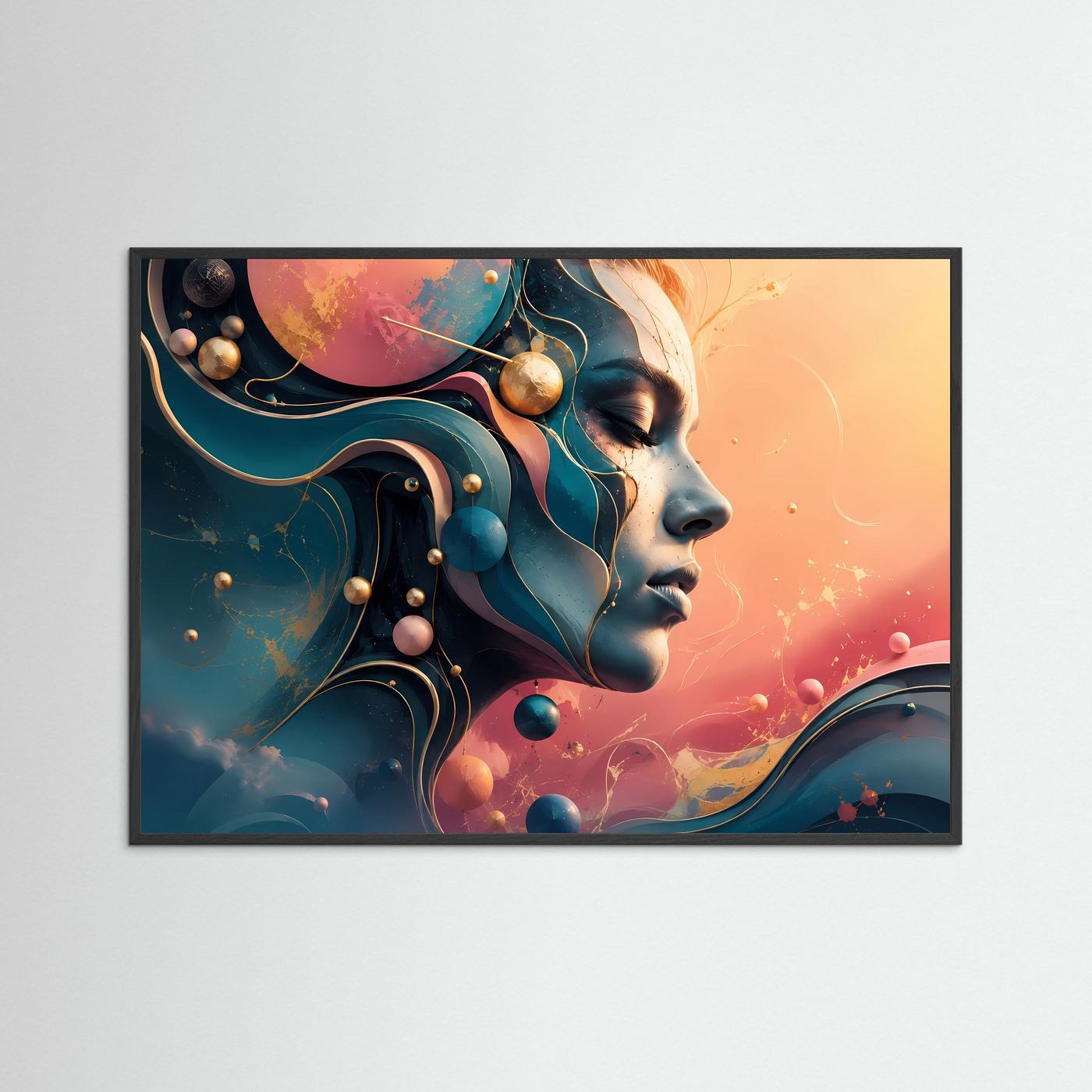 Abstraktes Frauengesicht Poster | Moderne Portrait Kunst | Surreale Frauenkunst | Geometrische Wanddekoration | Elegante Leinwand mit Goldakzenten