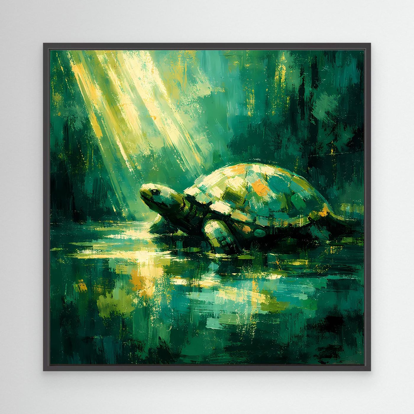 Leinwand Mystische Schildkröte im Lichtstrahl | Abstraktes Natur Wandbild Grün