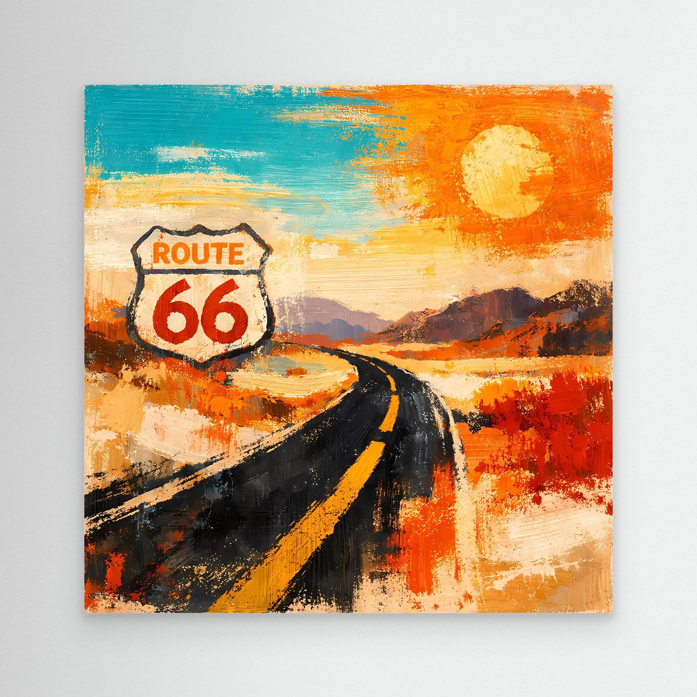 Wandbild mit abstrakter Route-66-Szene: Schild „Route 66“, Straße, Sonne, orange und blau