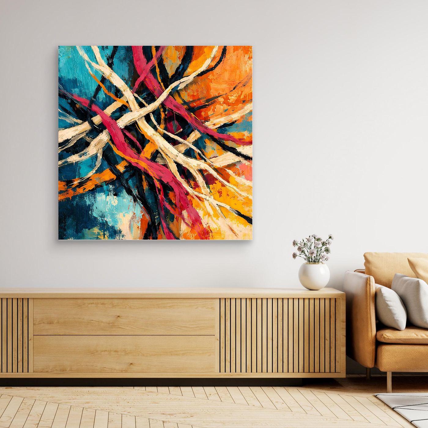 Gerahmtes abstraktes Leinwandbild mit bunten Linien in Blau, Orange und Fuchsia