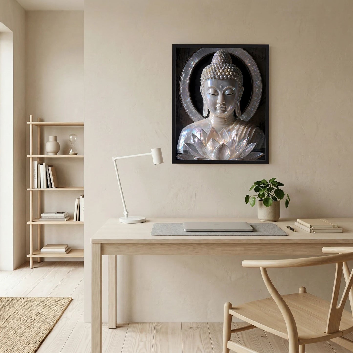 Wandbild im schwarzen Rahmen: silberner Buddha mit Lotusblüten im Schmuckring