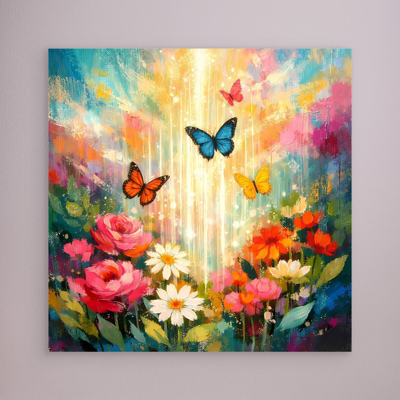 Wandbild auf Leinwand: bunte Blumen und Schmetterlinge, ohne sichtbaren Rahmen