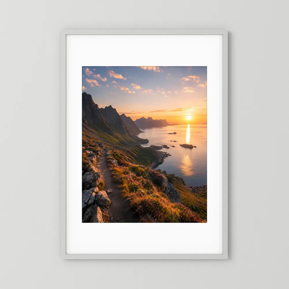Poster im Hochformat mit weißem Rahmen und Passepartout, Küstenlandschaft bei Sonnenuntergang