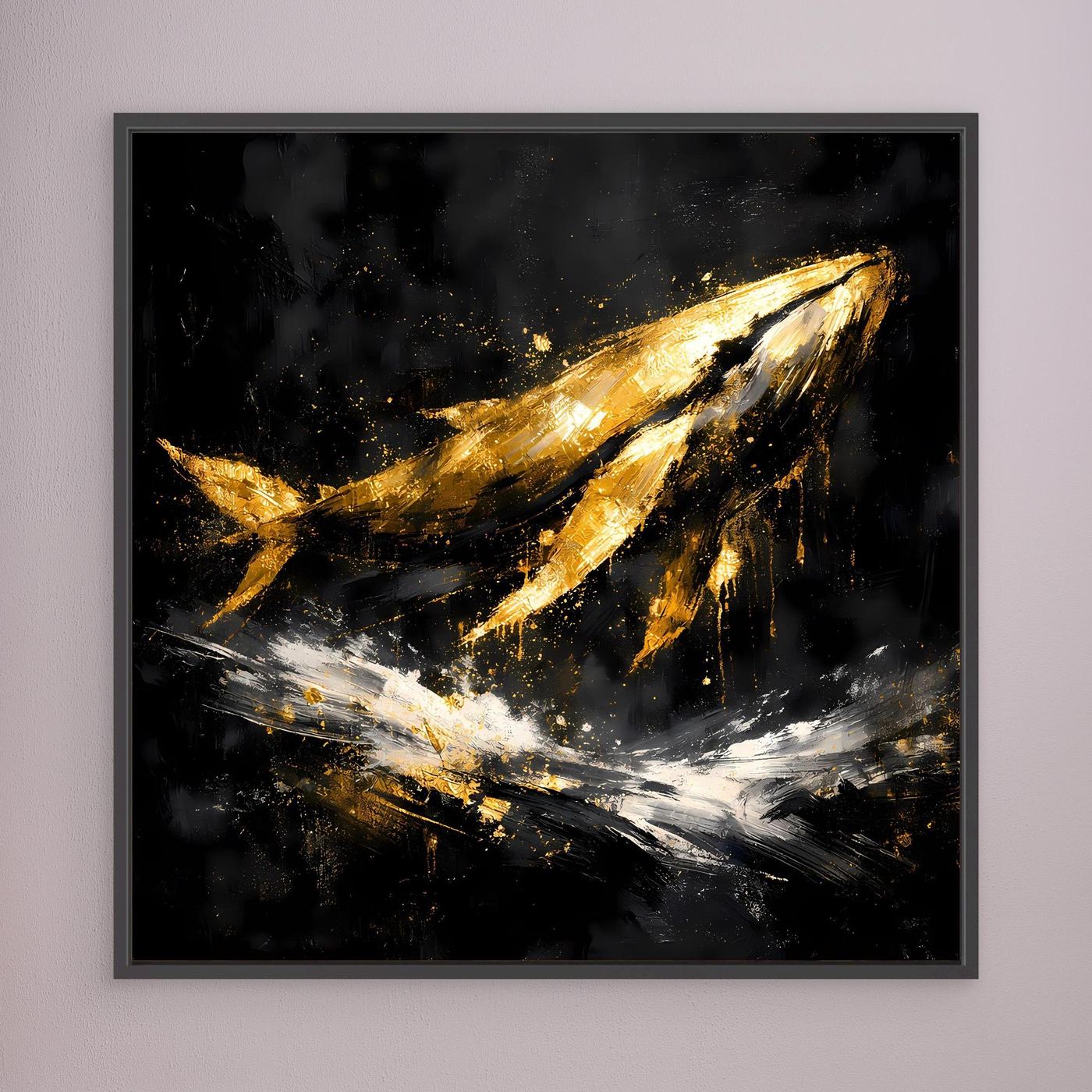 Leinwand Majestätischer Wal in Gold und Schwarz | Modernes Abstraktes Meeres Wandbild