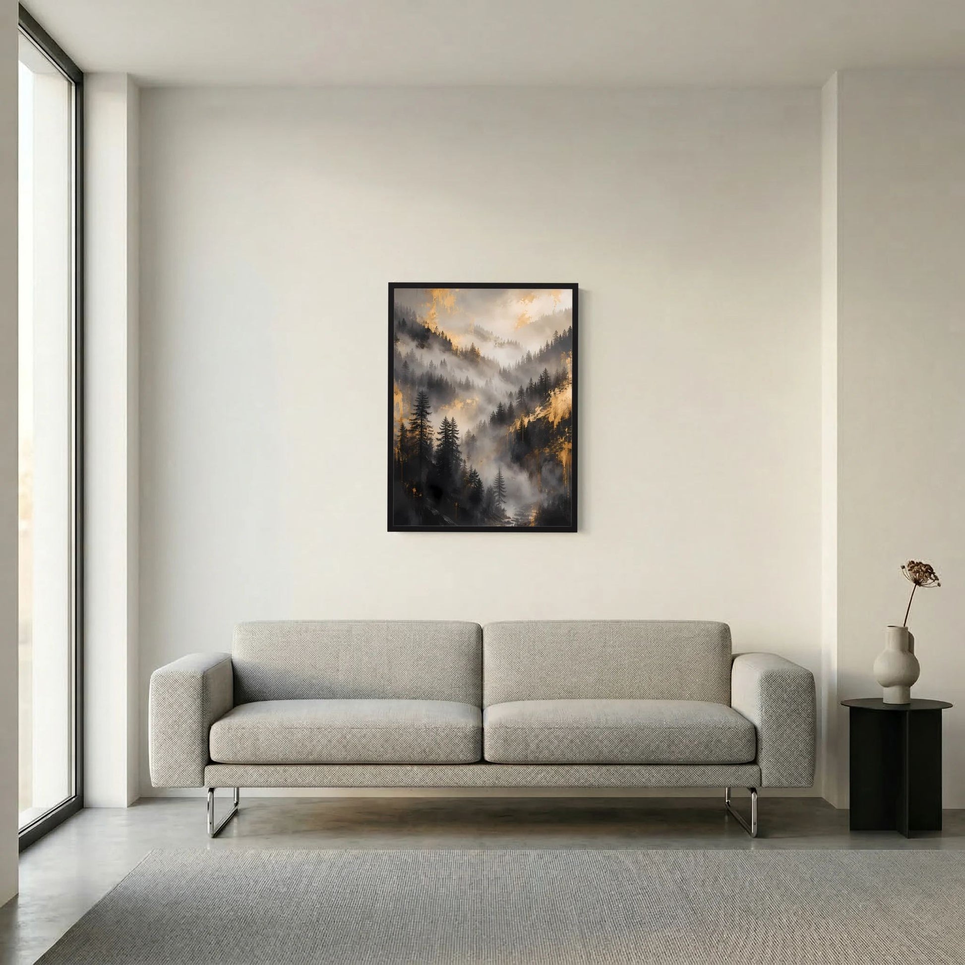 Gerahmtes Poster im Hochformat mit nebligem Bergpanorama, Tannen und goldenen Lichtstreifen