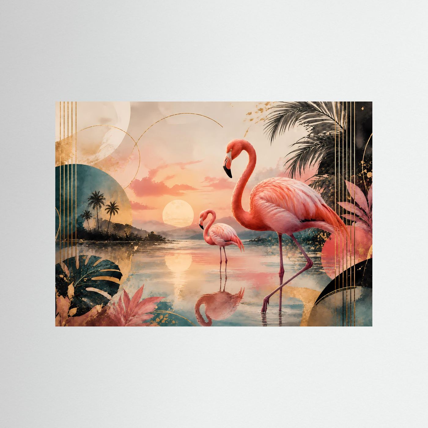 Elegante Flamingos in tropischer Lagune bei Sonnenuntergang | Exotische Flamingo Wandkunst in Rosa, Petrol, Gold & Creme | Modernes Tier Poster im Querformat mit Palmen und abstrakten Formen