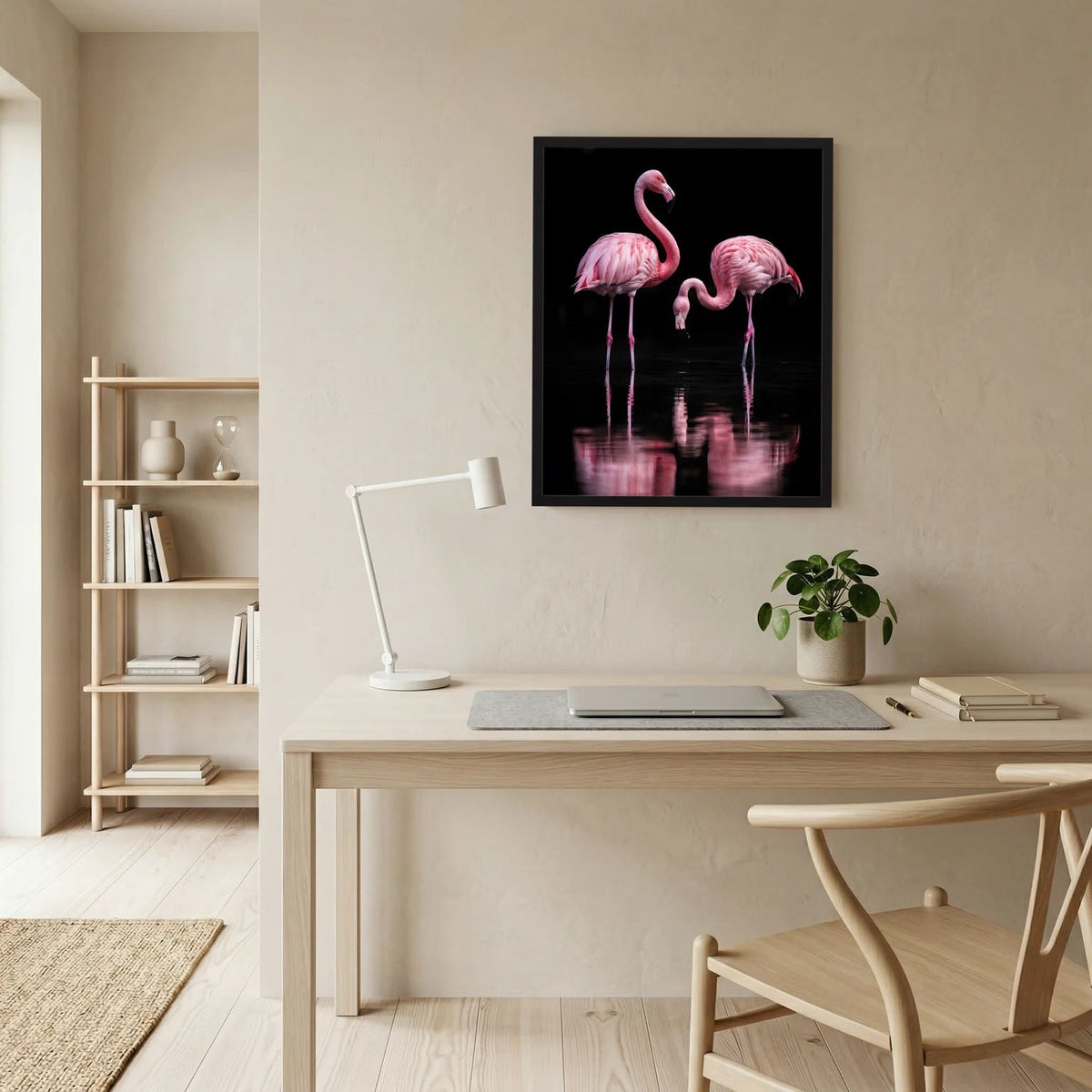 Gerahmtes Tierposter mit zwei rosa Flamingos und Spiegelung im Bildausschnitt