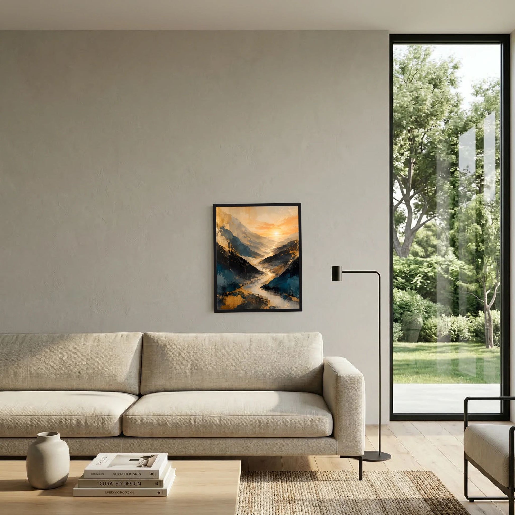Gerahmtes Kunstposter an Sofa-Wand mit abstraktem Bergtal in Blau und Gold