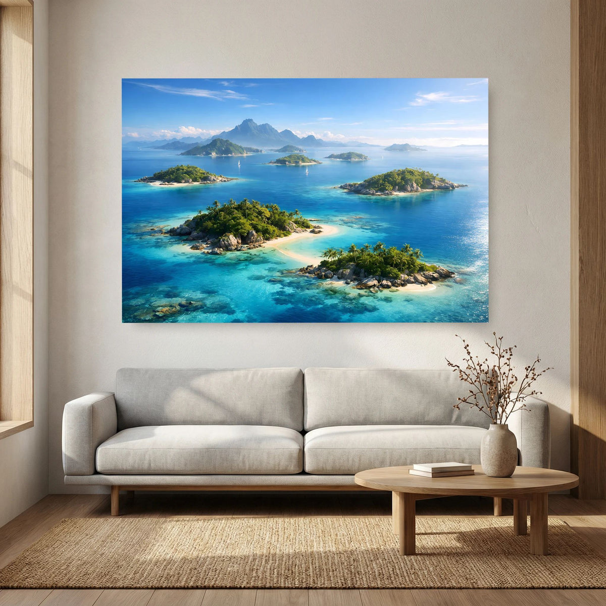 Querformat-Wandbild mit tropischen Inseln im türkisblauen Meer, brauner Holzrahmen