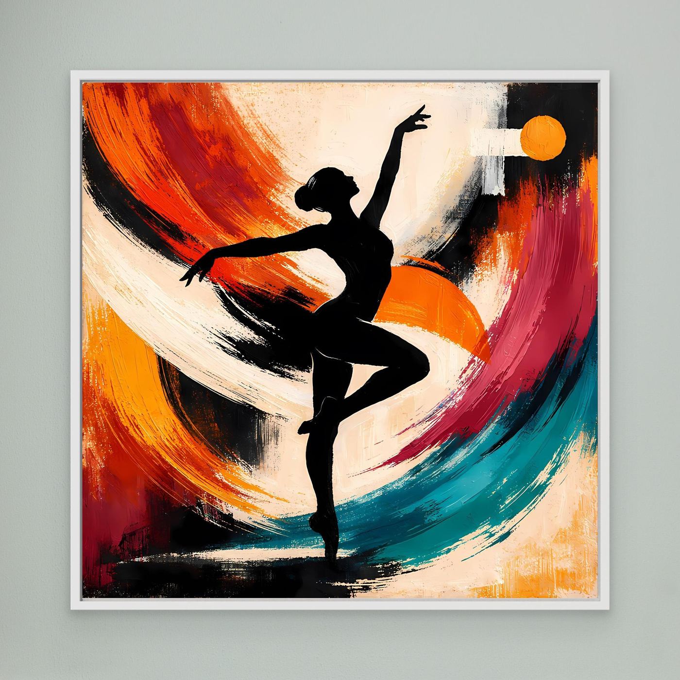 Abstraktes Leinwandbild mit schwarzer Ballerina und bunten Pinselstrichen, weißer Rahmen