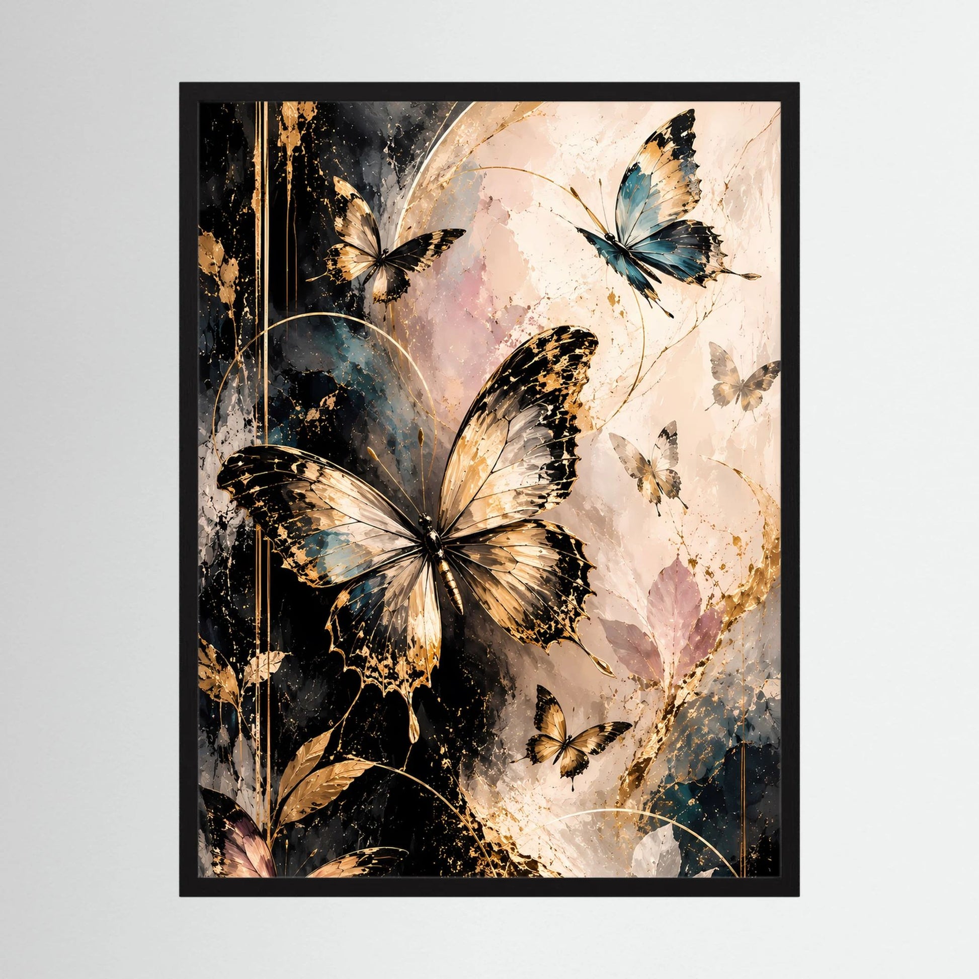 Gerahmtes Hochformat-Poster mit gold-schwarzen Schmetterlingen und abstraktem Farbmix