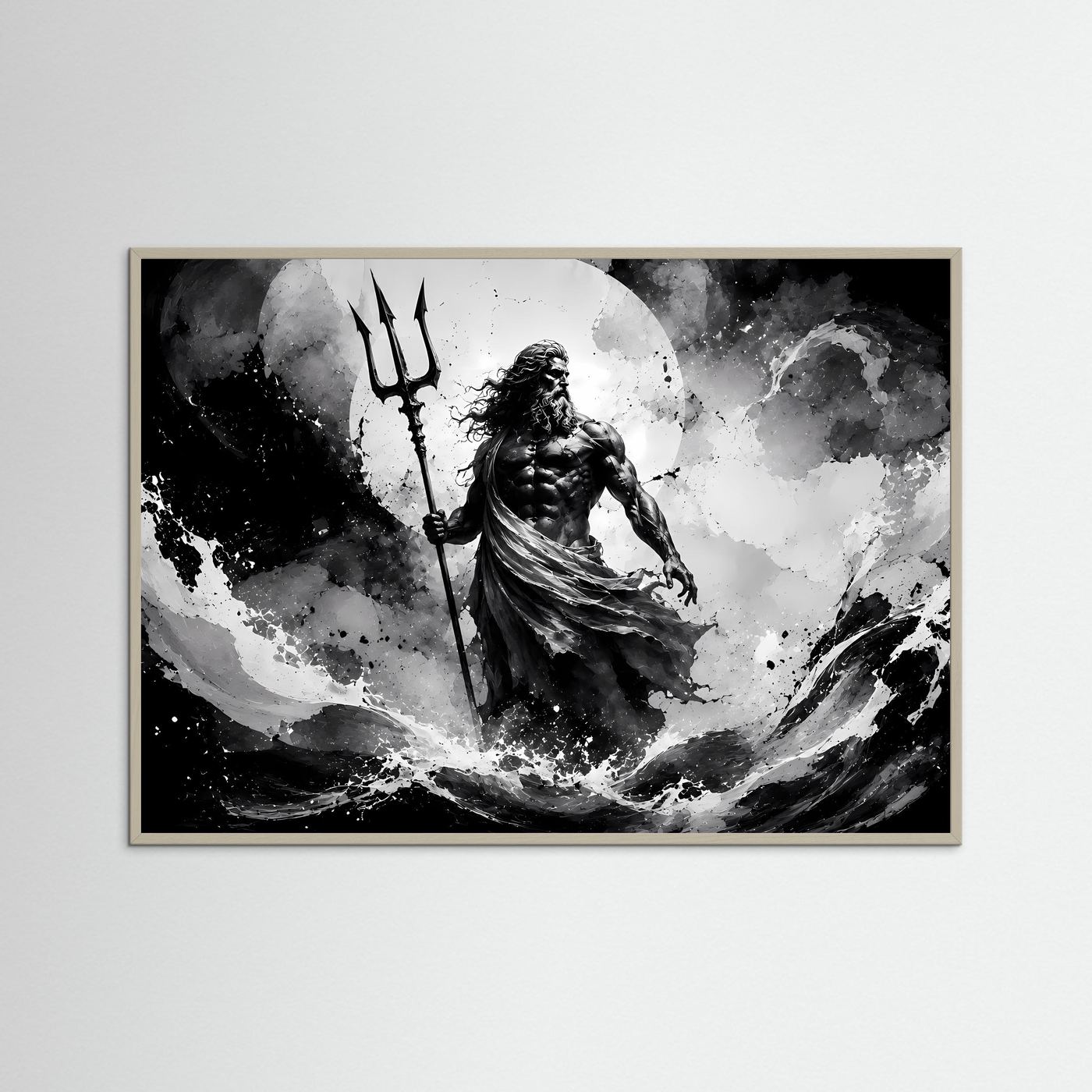 Poseidon Schwarz Weiß Wandbild | Griechische Mythologie Poster | Gott des Meeres mit Dreizack | Monochrome Fantasy Kunst | Moderne Leinwand
