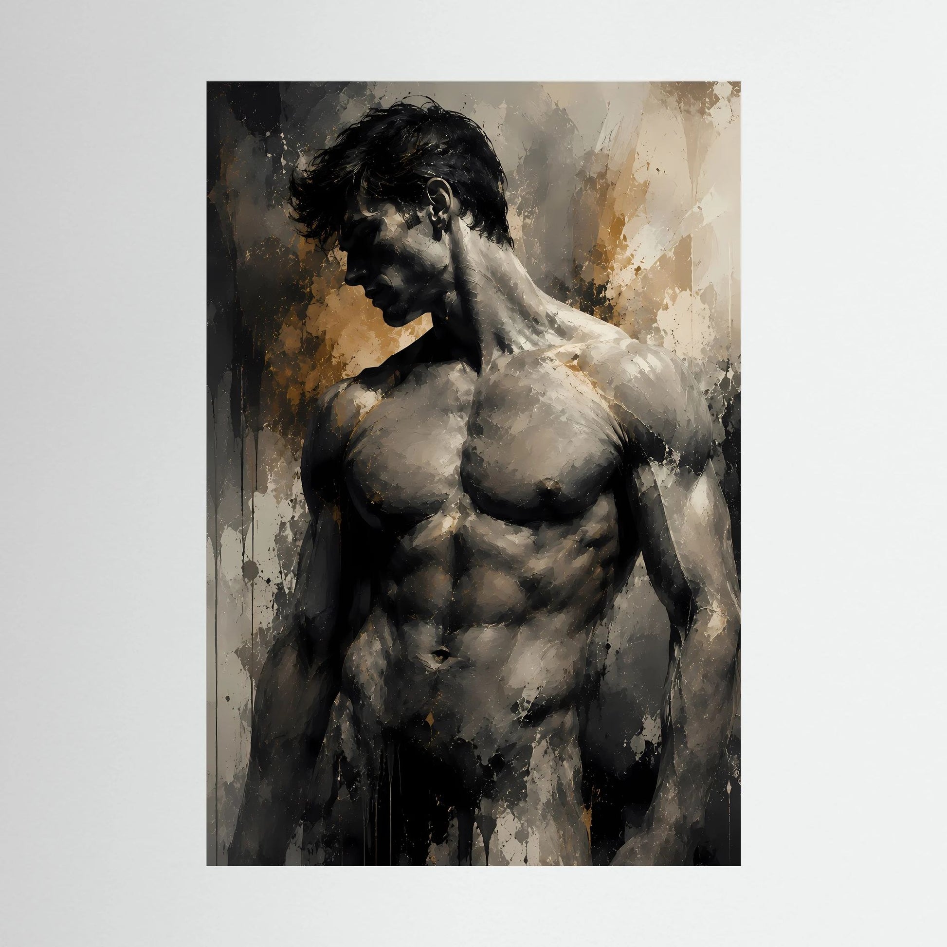 Kunstposter mit abstrakter Aktfigur eines Mannes in Schwarz und Gold, Nahansicht
