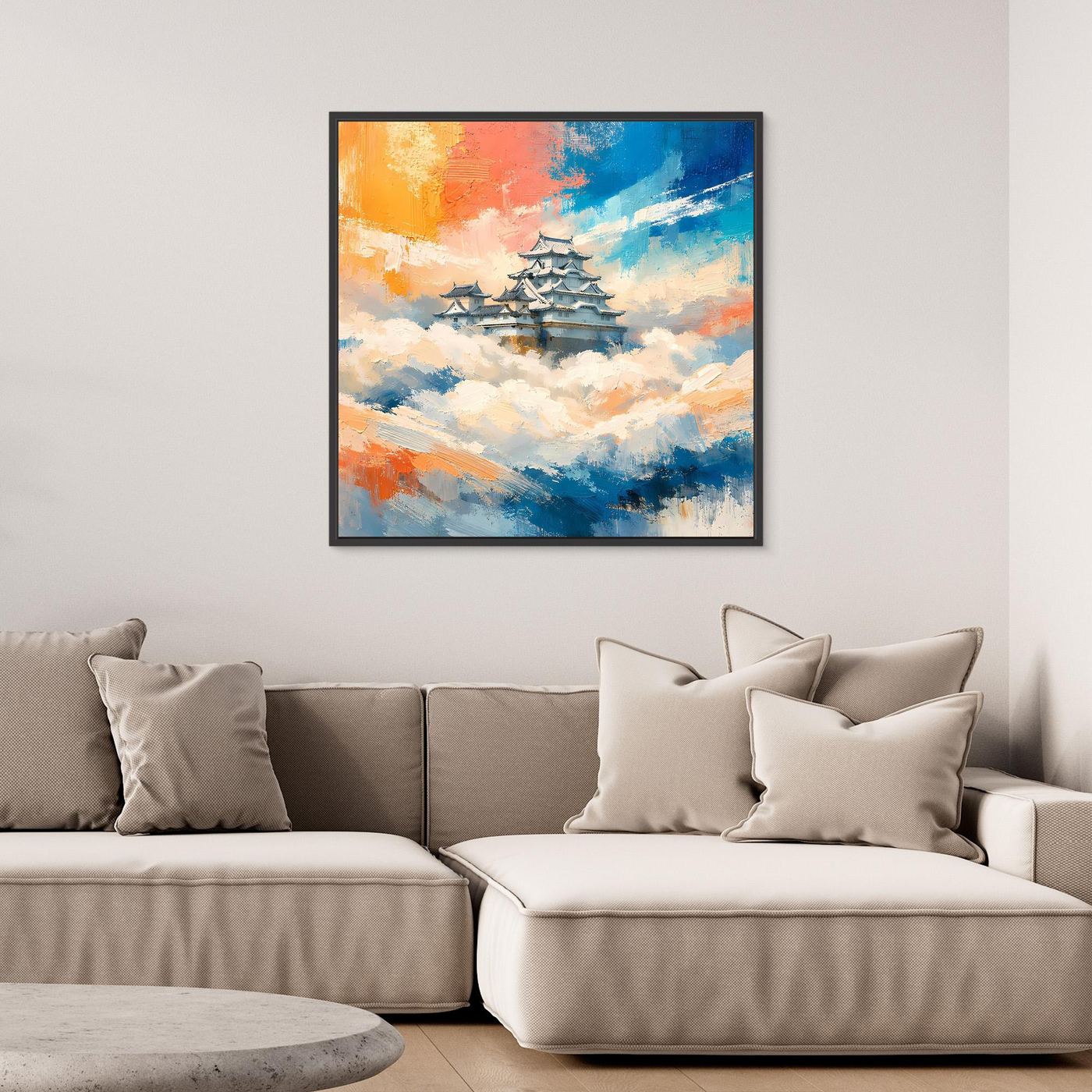 Leinwand Traditionelle Japanische Burg über den Wolken | Fernöstliches Wandbild auf echter Leinwand