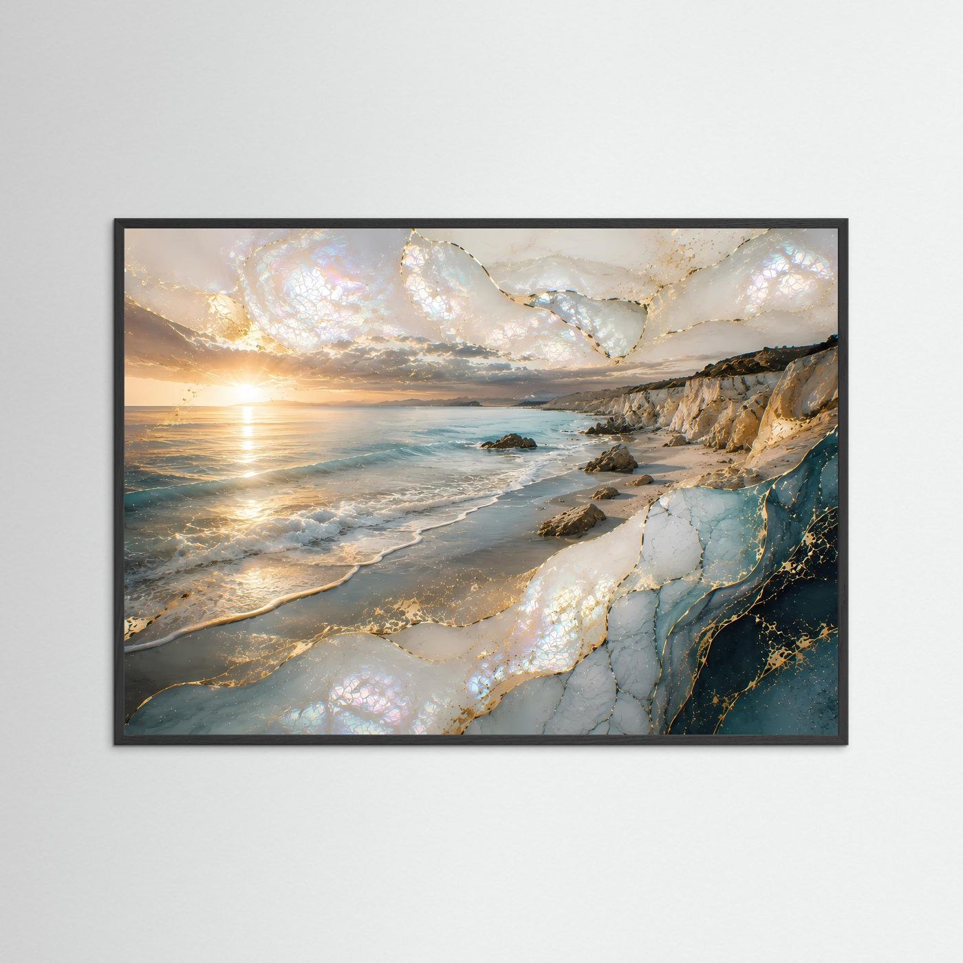 Poster Querformat: Küstenlandschaft mit perlmuttartiger Struktur und goldenem Sonnenlicht, Meer im schwarzen Rahmen