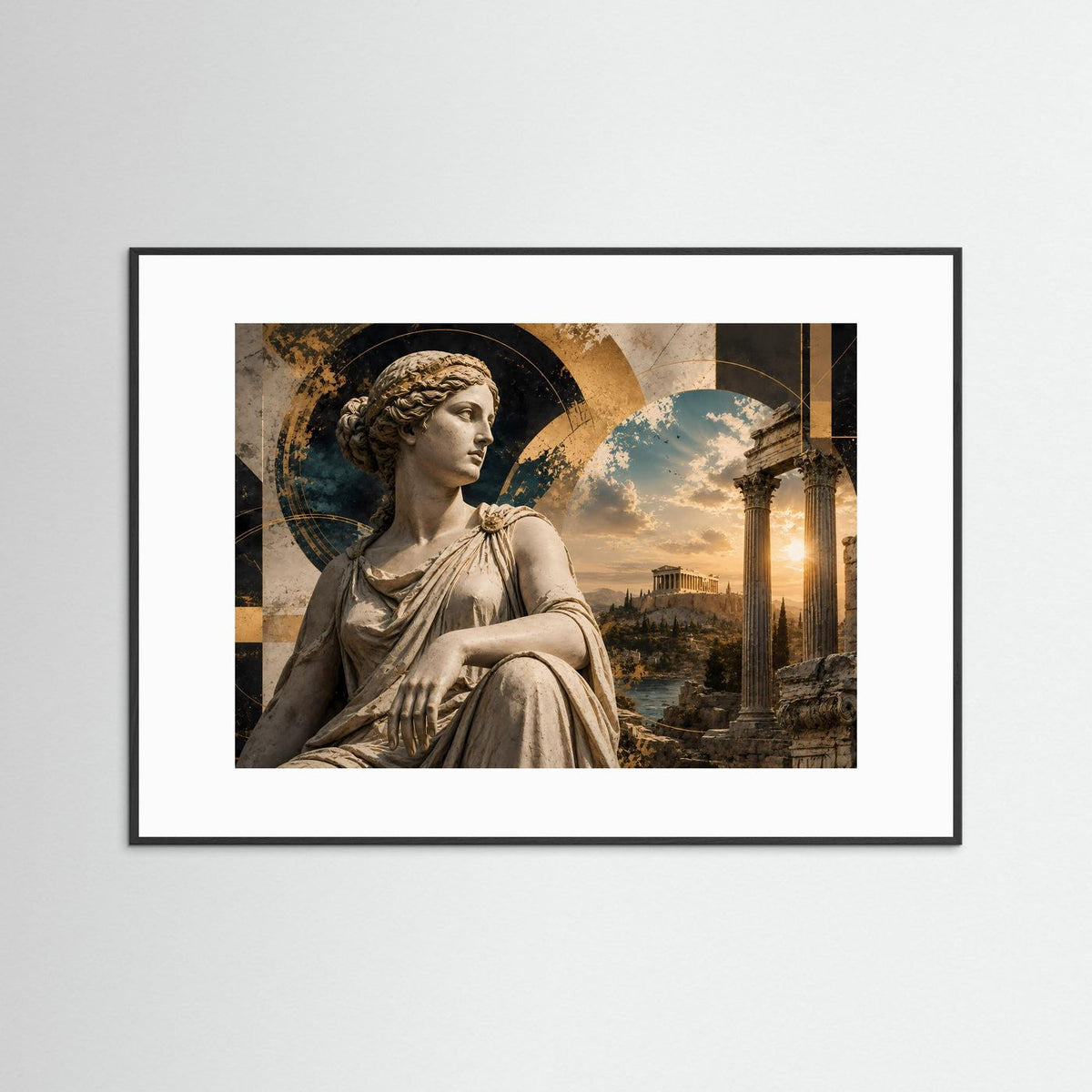 Querformatposter mit antiker Statuette einer Göttin, weißes Passepartout, schwarzer Rahmen