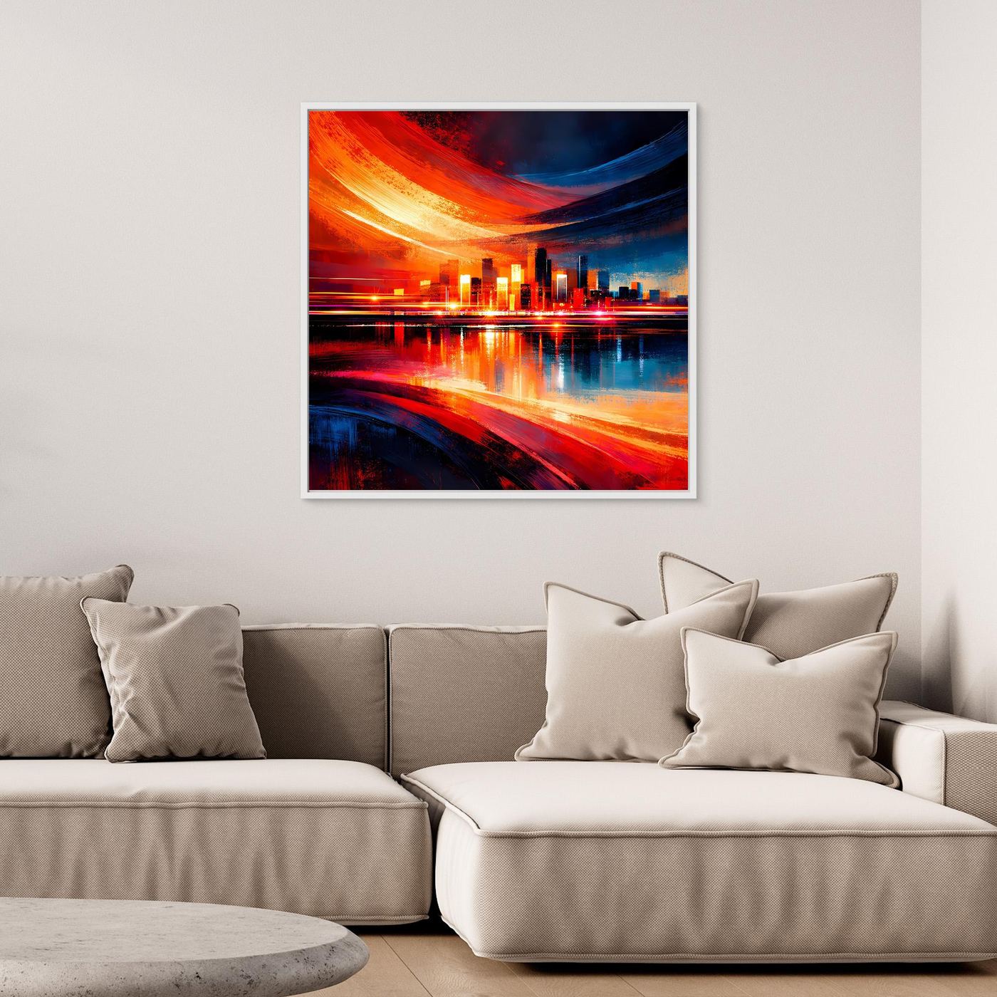 Gerahmtes Leinwandbild mit abstrakter Skyline und Lichtspuren in Rot und Blau, weißer Rahmen.