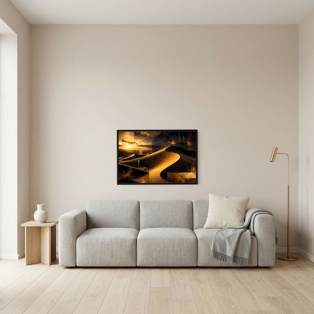 Wandposter mit goldener Wüstenlandschaft im dunklen Rahmen