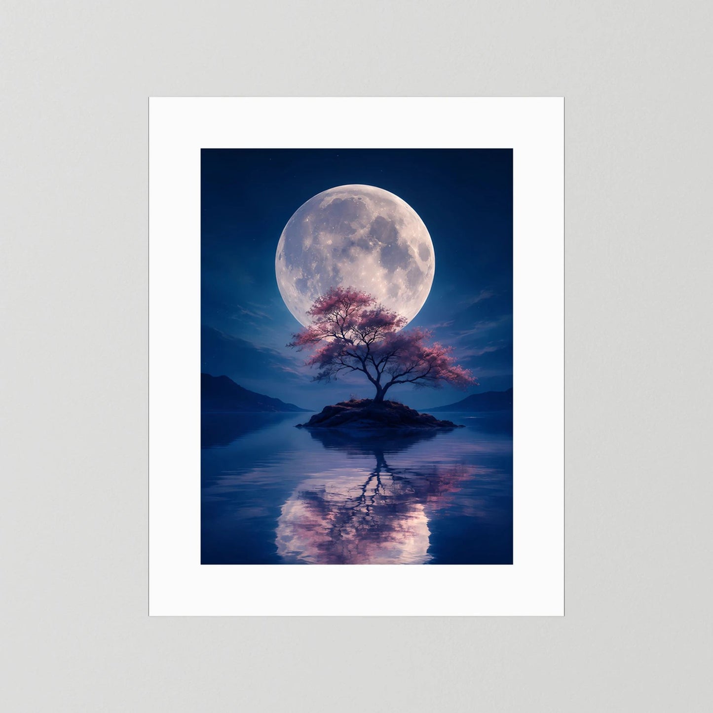 Hochformat-Poster mit hellem Rand: Vollmond über Bauminsel, Reflexion im Wasser