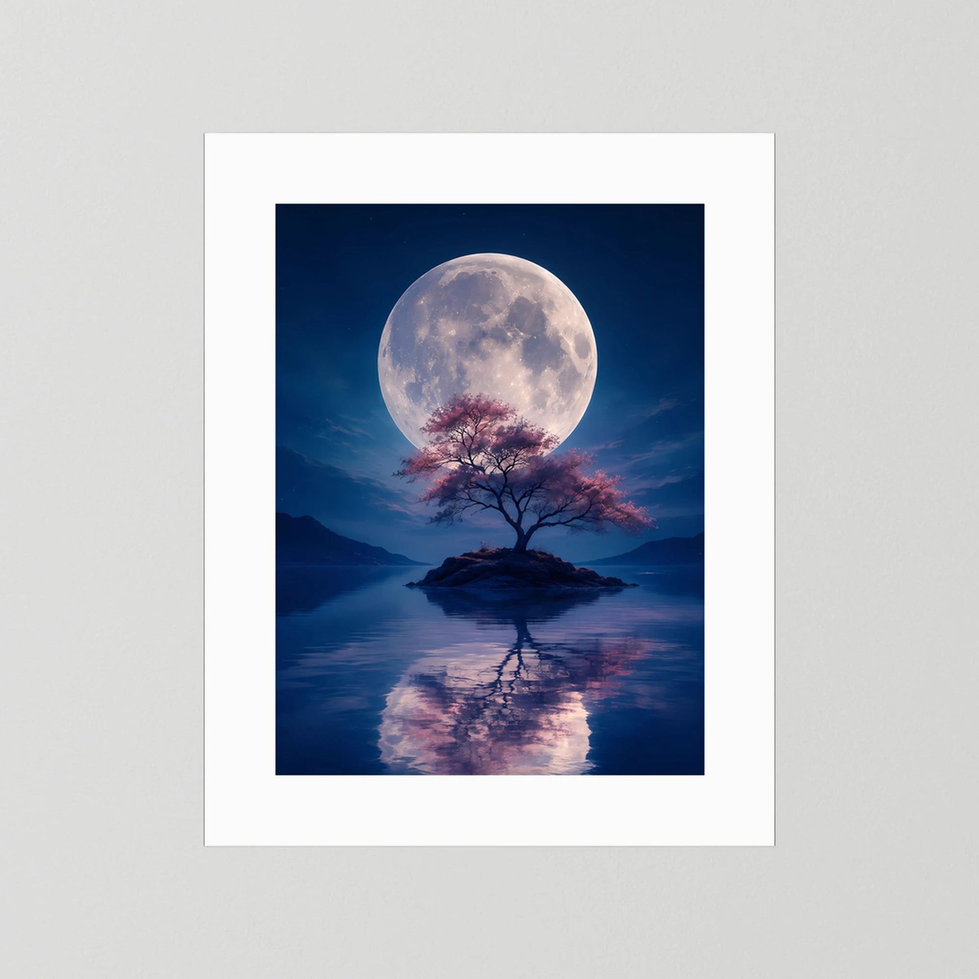 Hochformat-Poster mit hellem Rand: Vollmond über Bauminsel, Reflexion im Wasser