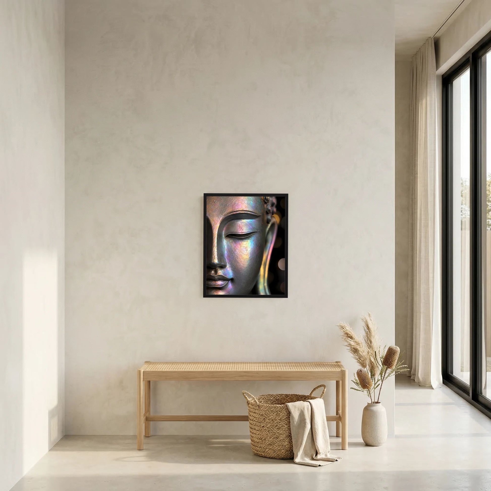 Kunstposter mit Buddha-Gesicht im schwarzen Rahmen, Hochformat