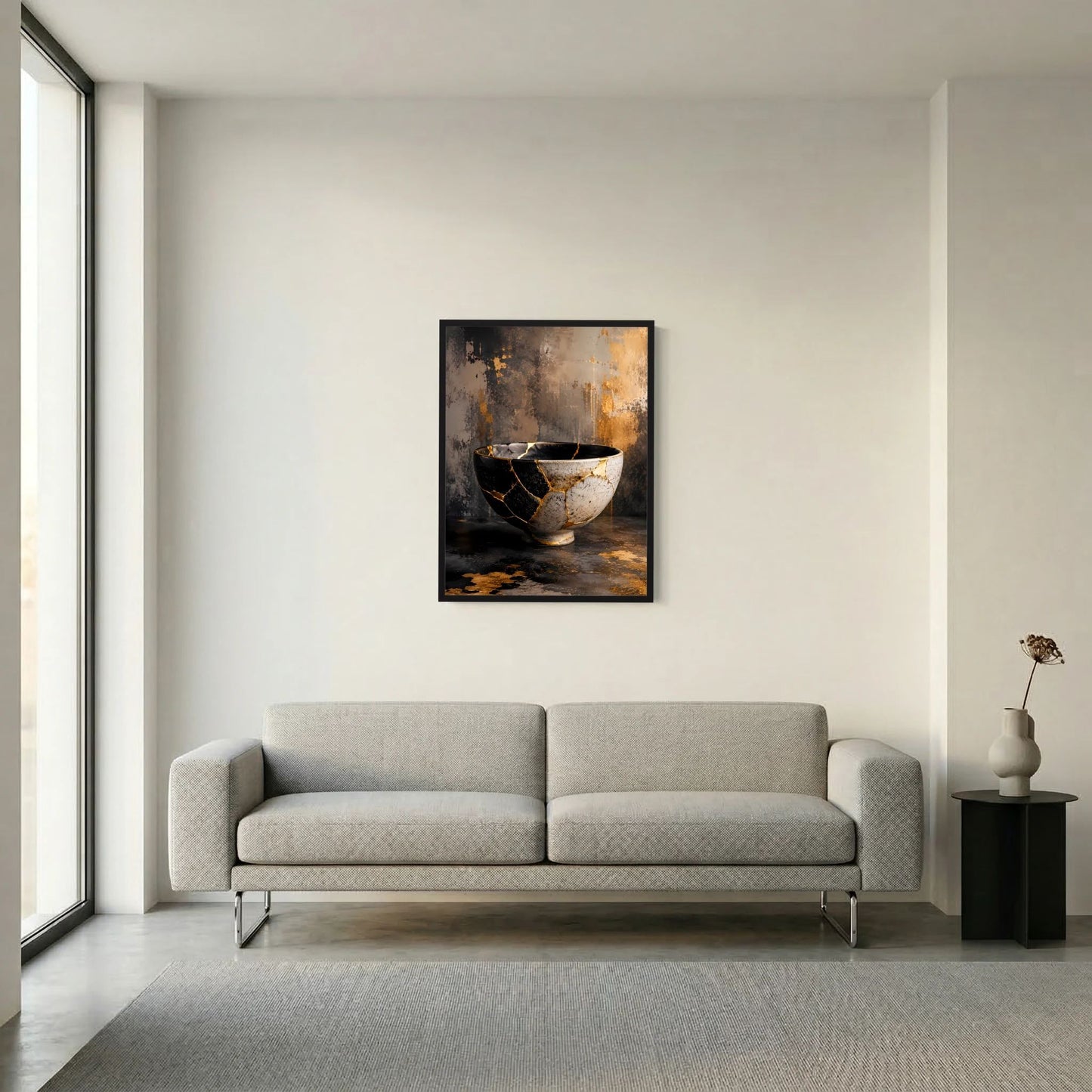 Gerahmtes Hochformat-Poster mit Schale in Schwarz, Weiß und goldener Risszeichnung