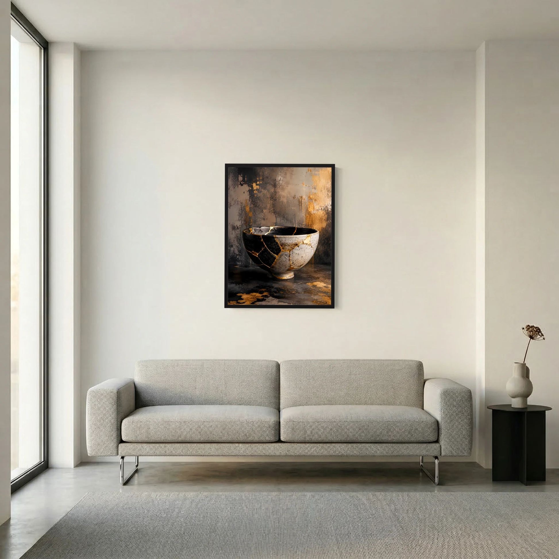 Gerahmtes Hochformat-Poster mit Schale in Schwarz, Weiß und goldener Risszeichnung