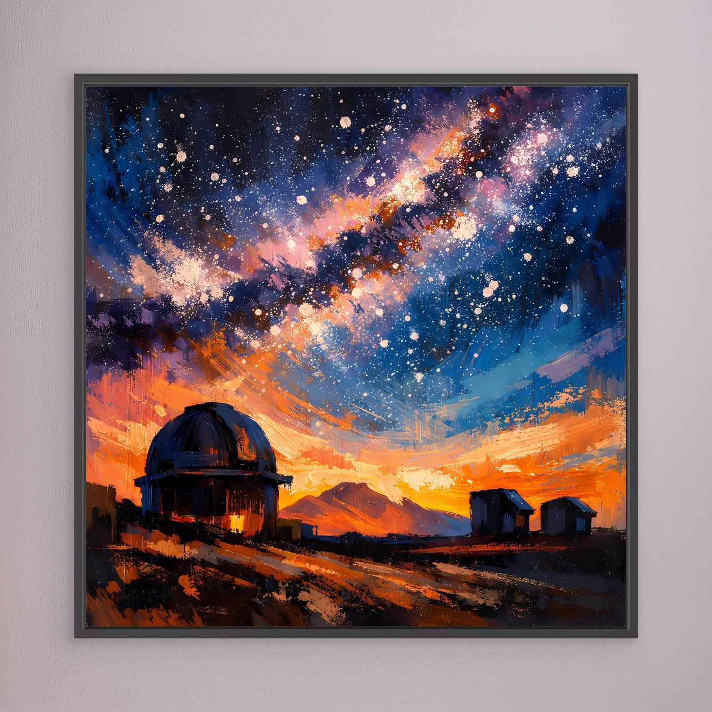 Wandbild: abstrakte Galaxie mit Sternen, Sternwarte mit Teleskop, dunkel gerahmt