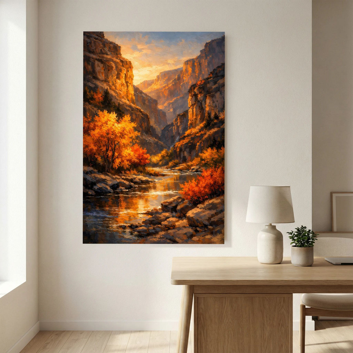 Wandbild mit Canyon-Motiv und Herbstbäumen am Fluss im Sonnenuntergang.