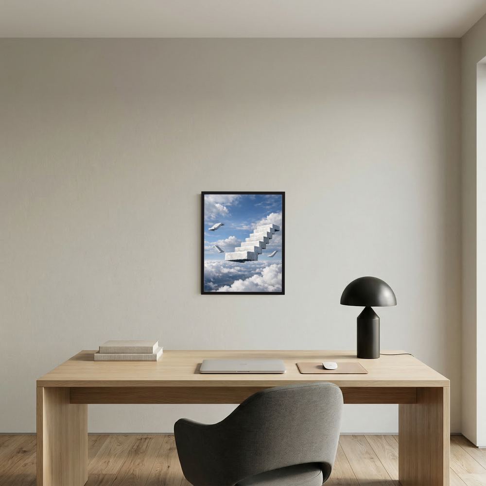 Gerahmtes Poster mit schwebenden weißen Treppen über Wolken über Holz-Worktop