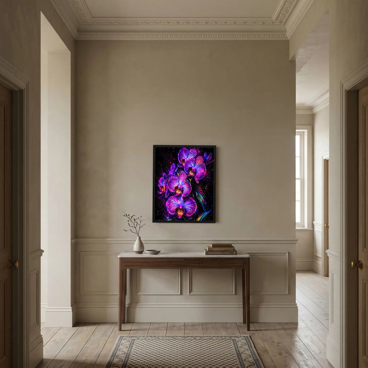 Neon-Orchideen-Blumenposter mit schwarzem Rahmen an der Wand, leuchtende Pink- und Violettorchideen