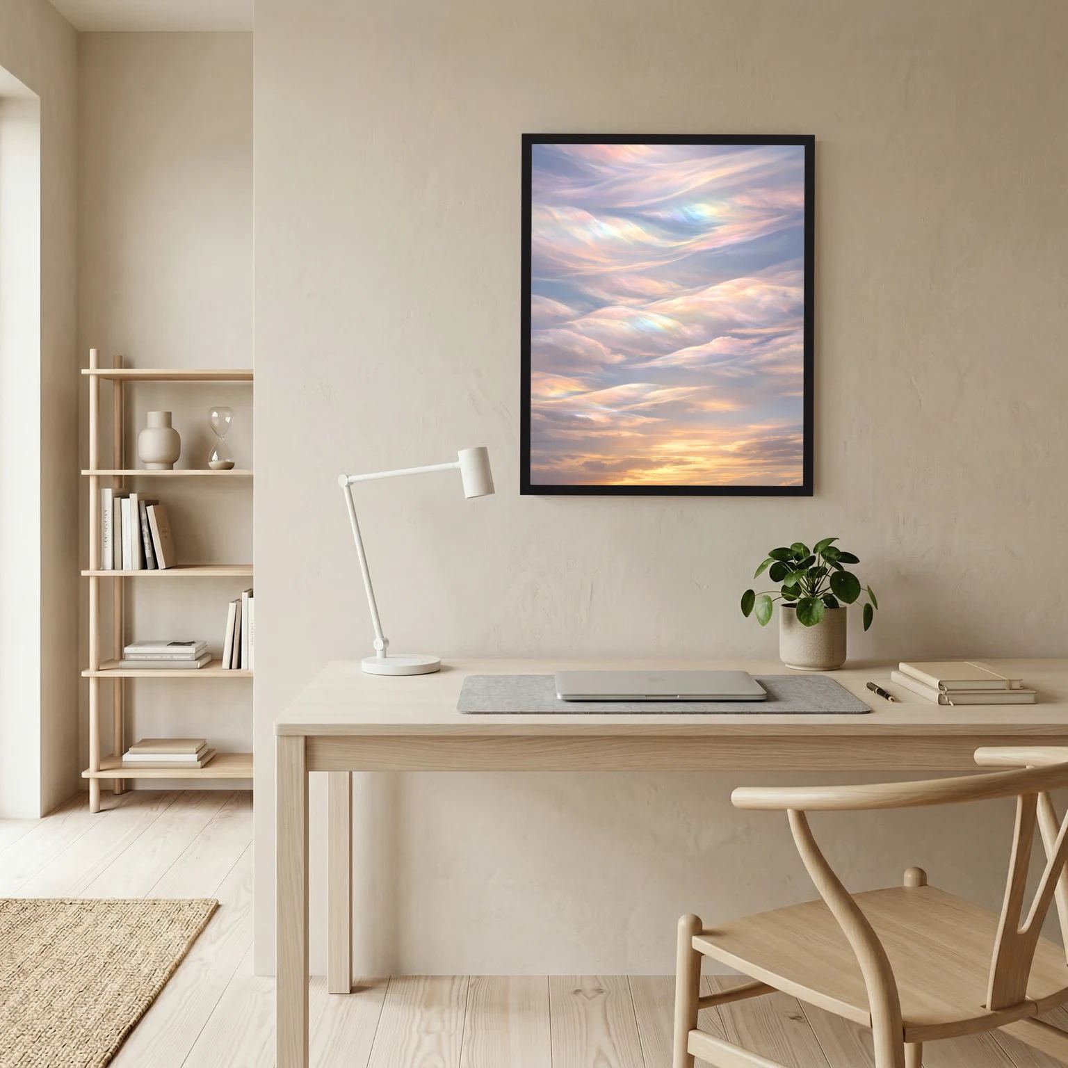 Gerahmtes Wandposter mit pastellfarbenen Wolken und Sonnenuntergang, schwarzer Rahmen