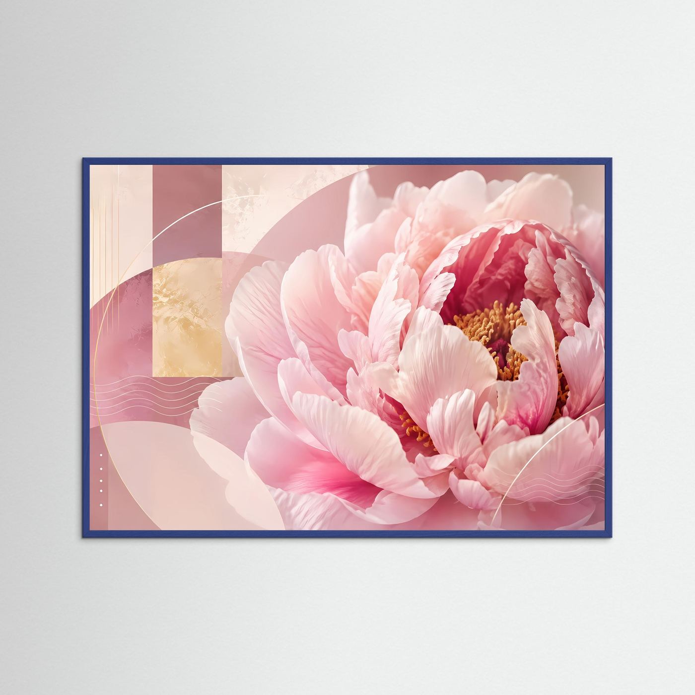 Poster im blauen Rahmen mit rosa Pfingstrosen und abstraktem Pastellmuster