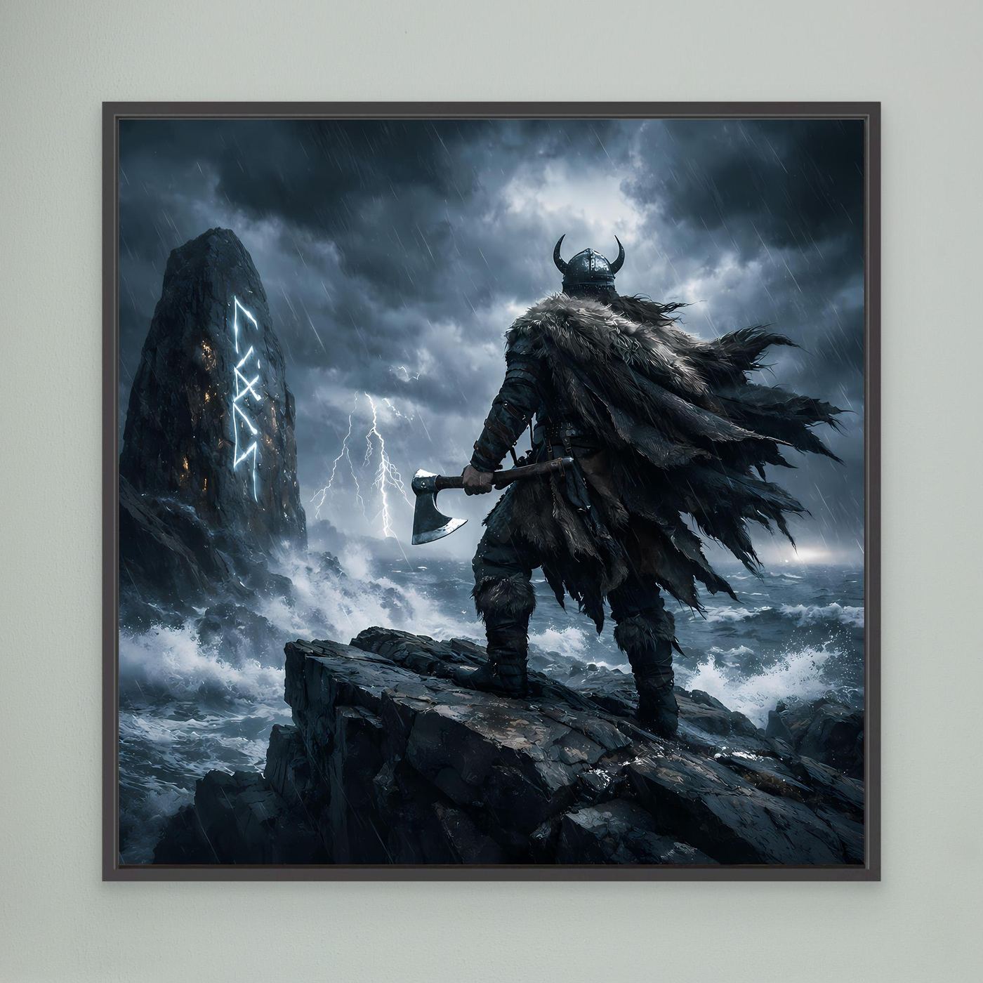 Leinwand Mystischer Wikinger am Runenstein | Abstraktes Nordisches Gewitter Wandbild