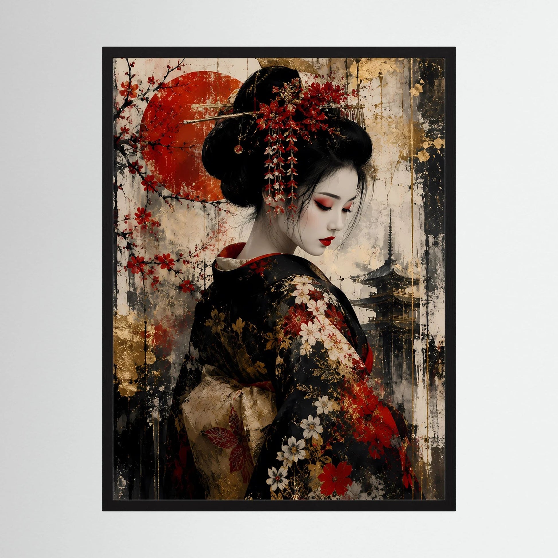 Hochformat-Poster: Frau im schwarzen Blumen-Kimono mit rotem Kreis, schwarzer Rahmen