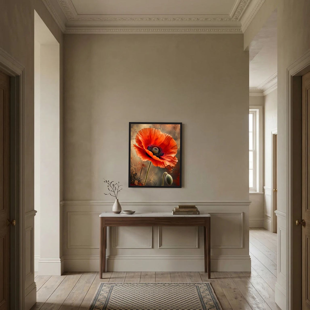 Gerahmtes Poster (Hochformat) mit roter Mohnblüte, dunkler Rahmen