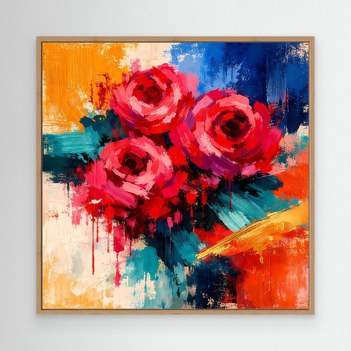 Abstraktes Leinwand-Wandbild mit roten Rosen und Pinselstrichen, mit hellem Holzrahmen