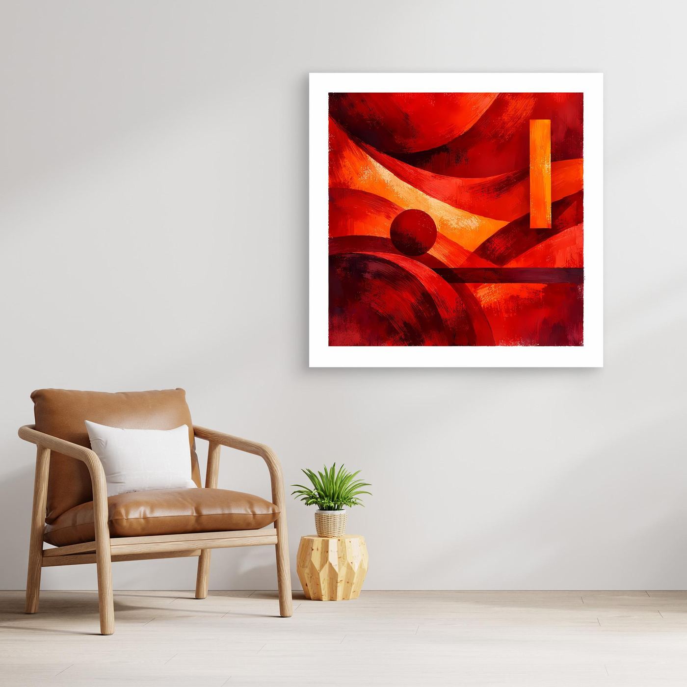Leinwandbild mit abstrakten roten, orangefarbenen und schwarzen Geometrien, weiß gerahmt