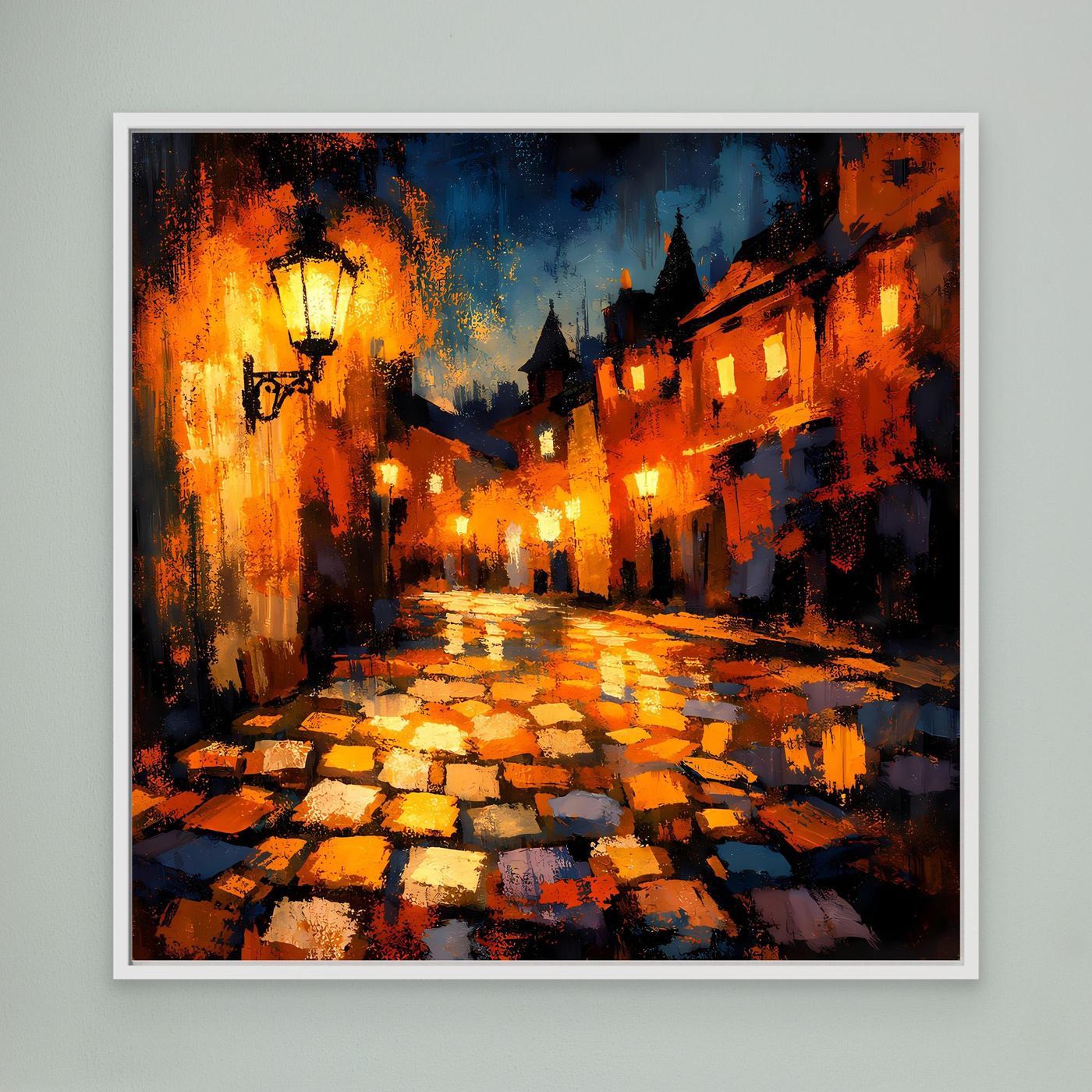 Leinwand Abstraktes Altstadt Gemälde | Modernes Romantisches Gassen Wandbild bei Nacht