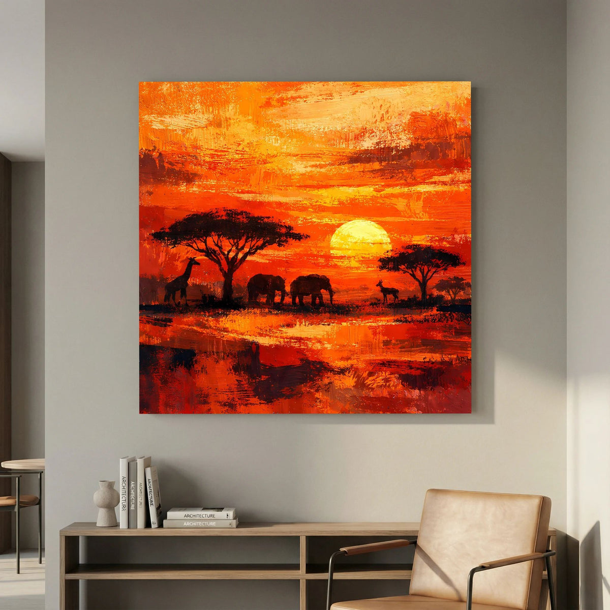 Leinwand-Wandbild Savanne mit Reflexionen im Wasser, orange Himmel, Silhouetten von Elefanten und Giraffen