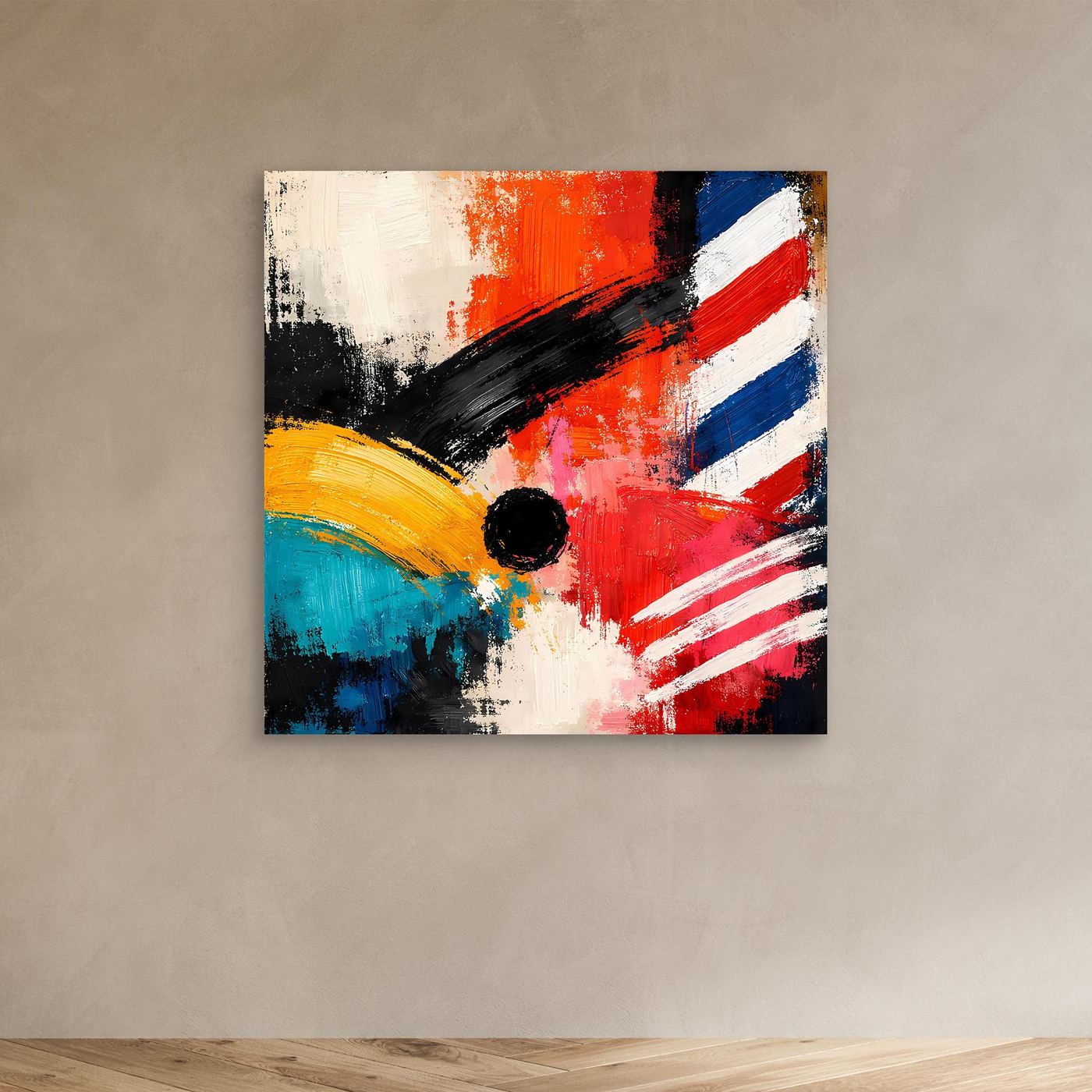 Abstract canvas wall art: red and blue brushstrokes, white stripes, yellow and teal curve