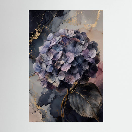 Hochformat-Poster mit violettem Hortensienblütenstrauß und goldenen Akzenten