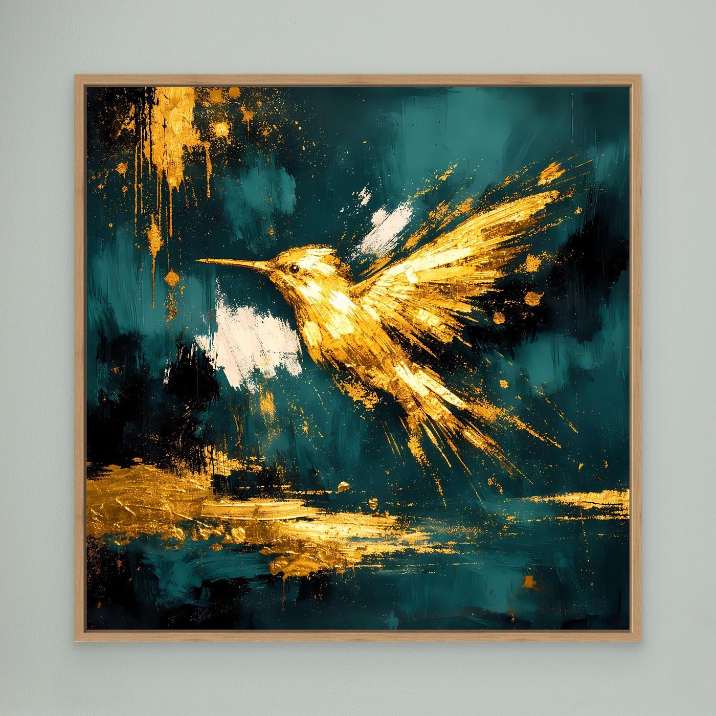 Leinwand Goldener Kolibri im Flug | Abstraktes Modernes Vogel Wandbild Kunst